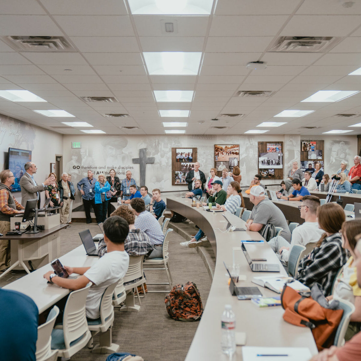 Members of Sagemont Church in Houston, Texas, visit the John D. Morgan classroom located in Mathena Hall on the campus of Southwestern Seminary. The classroom was given by the church in honor of their founding pastor and 1966 Bachelor of Divinity graduate, John D. Morgan.