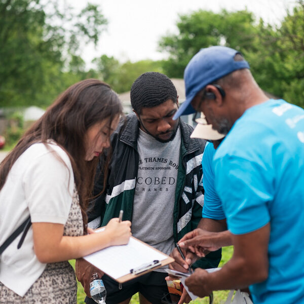 Grace Kim (left), a Doctor of Philosophy student from Korea, and Josh Okoye (center), a Master of Divinity student from Houston, were able to encourage a fellow believer who was "struggling to find a church" in his walk with the Lord. Okoye said he learned the lessons of intentionality in sharing the Gospel.